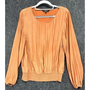 Liverpool Womens Blouse Top Small Long Sleeve Smocket Waistband Terracotta